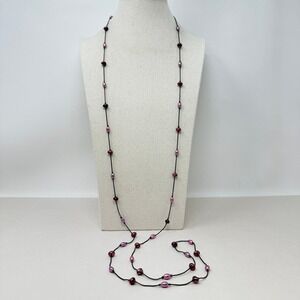 Long Station Necklace Purple‎ Pink Pearl Beaded Bronze Tone Chain Layering